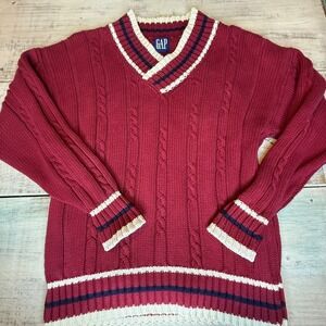 Vintage 90's‎ GAP Burgundy Cable Knit V Neck Sweater College Style Size L EUC